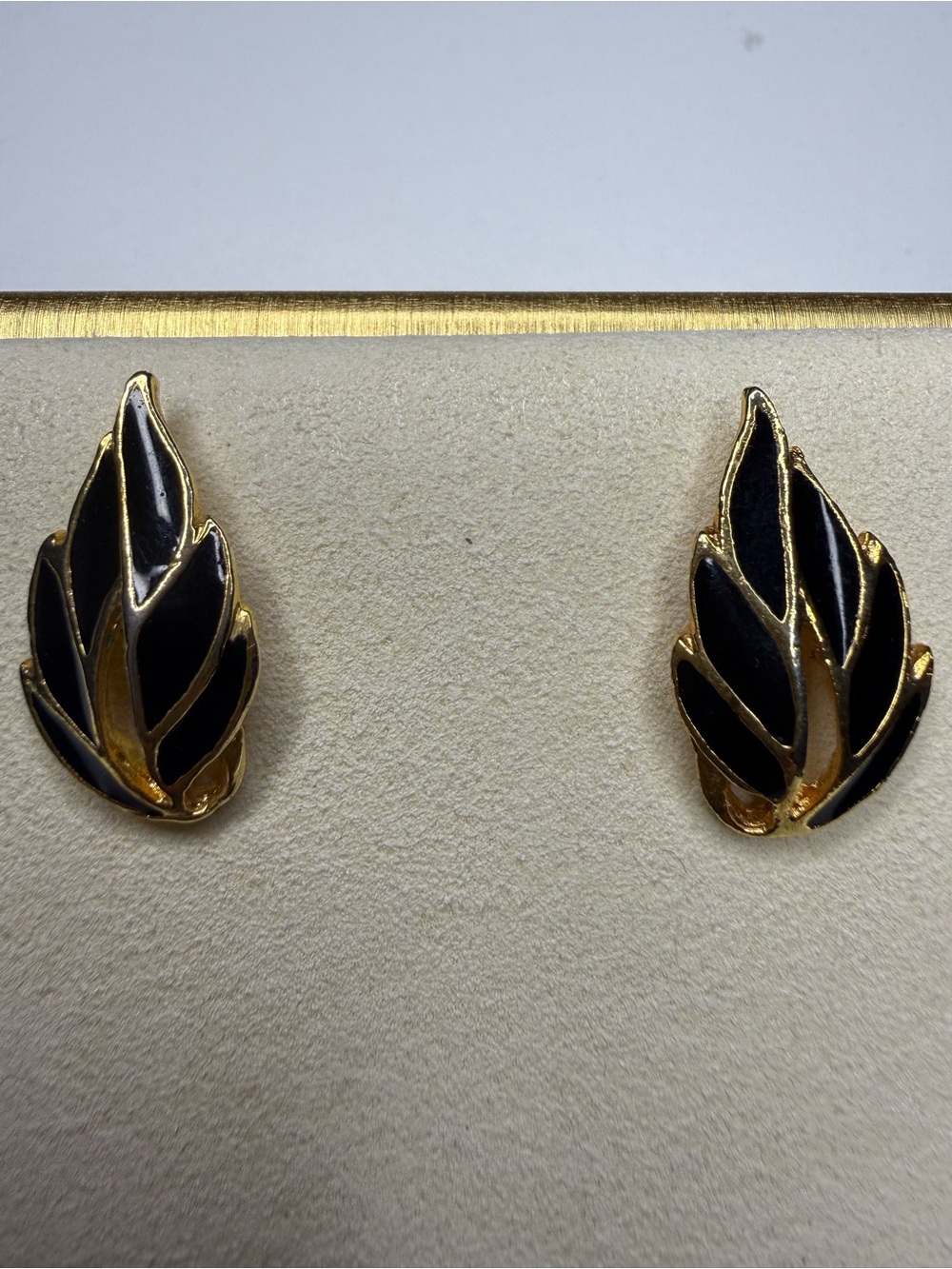 Gold Leaf Stud Earrings with Black Enamel - Women Jewelry